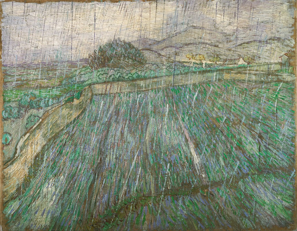Rain Art Print by Vincent van Gogh showcasing vibrant colors and emotive brushwork.