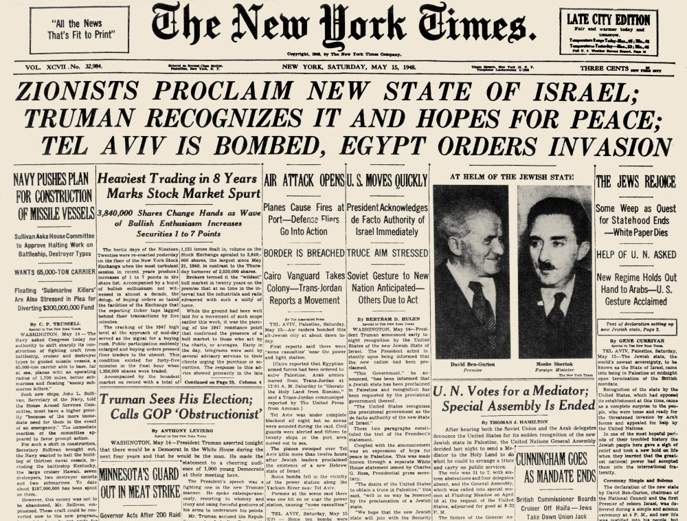 Creation of Israel 1948 New York Times front page poster print