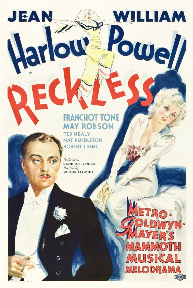 Reckless movie poster featuring William Powell and Jean Harlow, vintage 1935 film art.