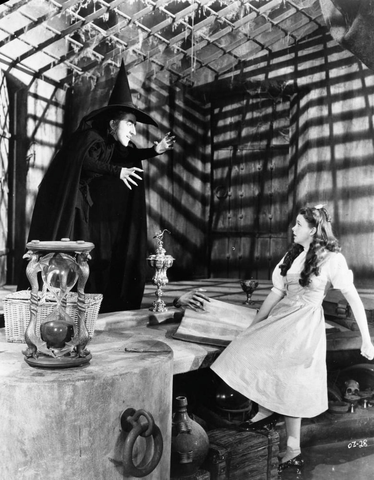 Wizard of Oz black and white photo print of scared girl looking at the witch.