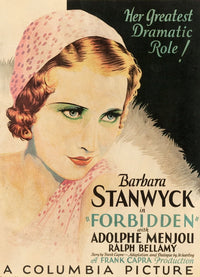Forbidden 1932 movie poster featuring Barbara Stanwyck in vintage style.