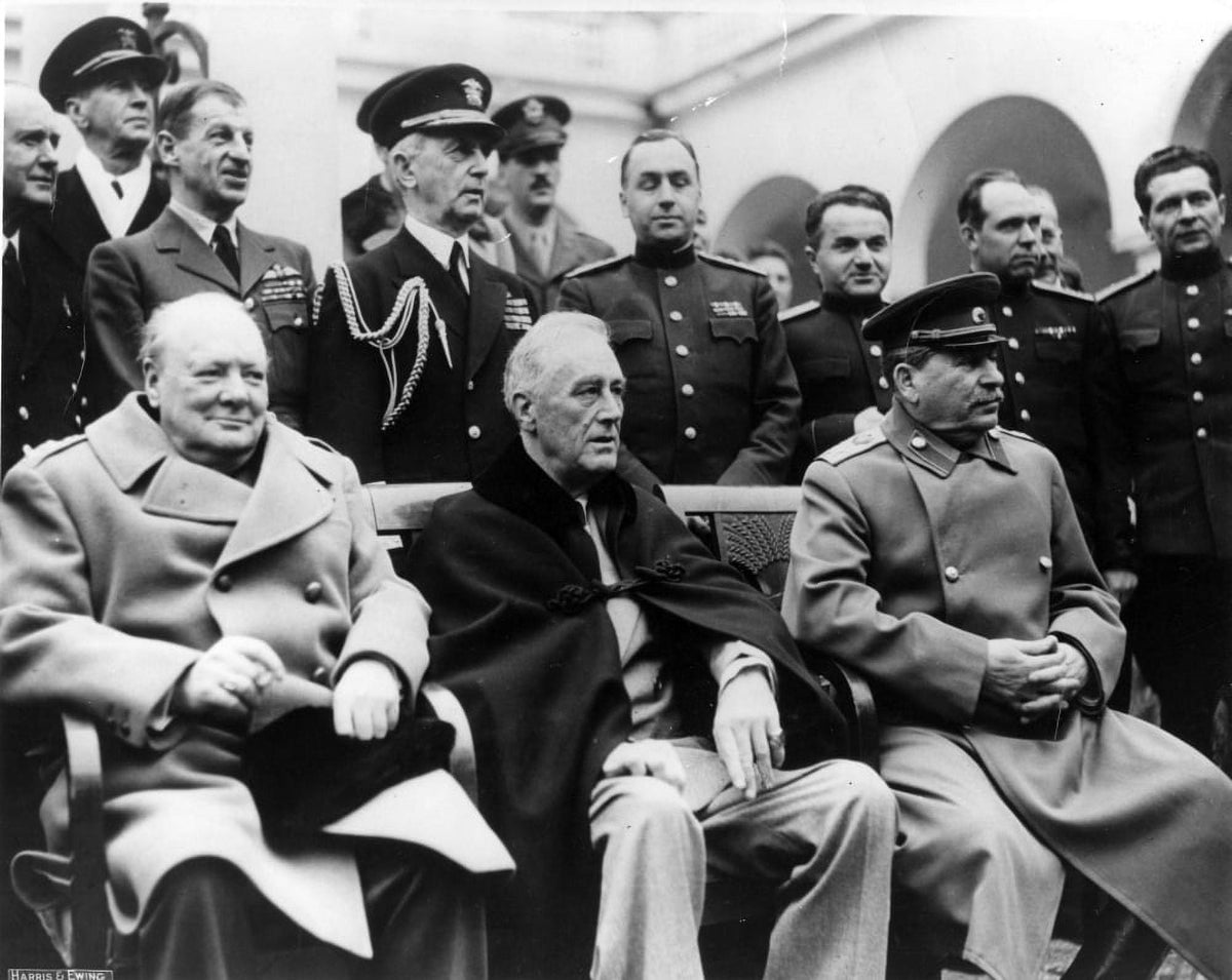 Yalta Conference photo print featuring Winston Churchill, Franklin Roosevelt, and Joseph Stalin.