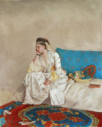 Woman in traditional Turkish dress seated on a sofa art print by Jean-Etienne Liotard.