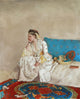 Woman in traditional Turkish dress seated on a sofa art print by Jean-Etienne Liotard.