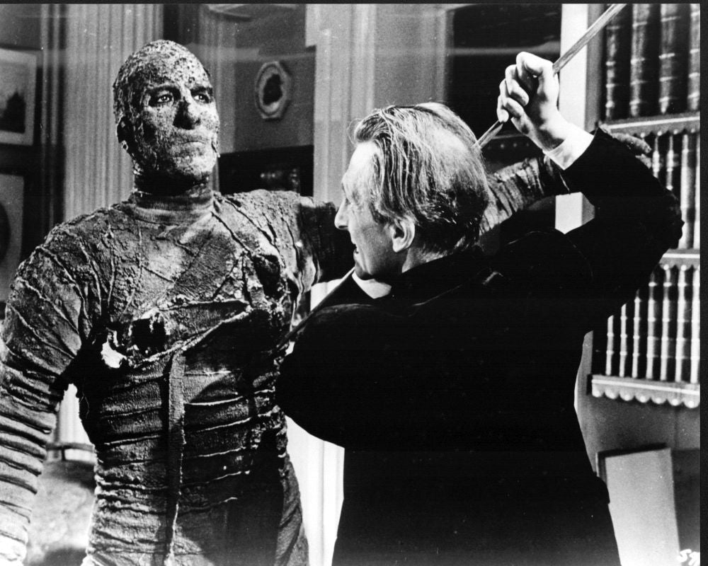 Christopher Lee and Peter Cushing in The Mummy black and white photo print.