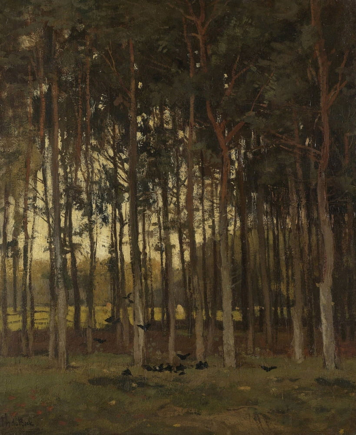View In The Woods art print by Theophile De Bock featuring a serene forest scene with crows.