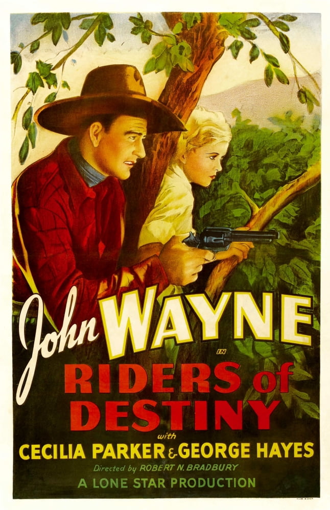 Riders of Destiny movie poster print featuring John Wayne and Cecilia Parker.