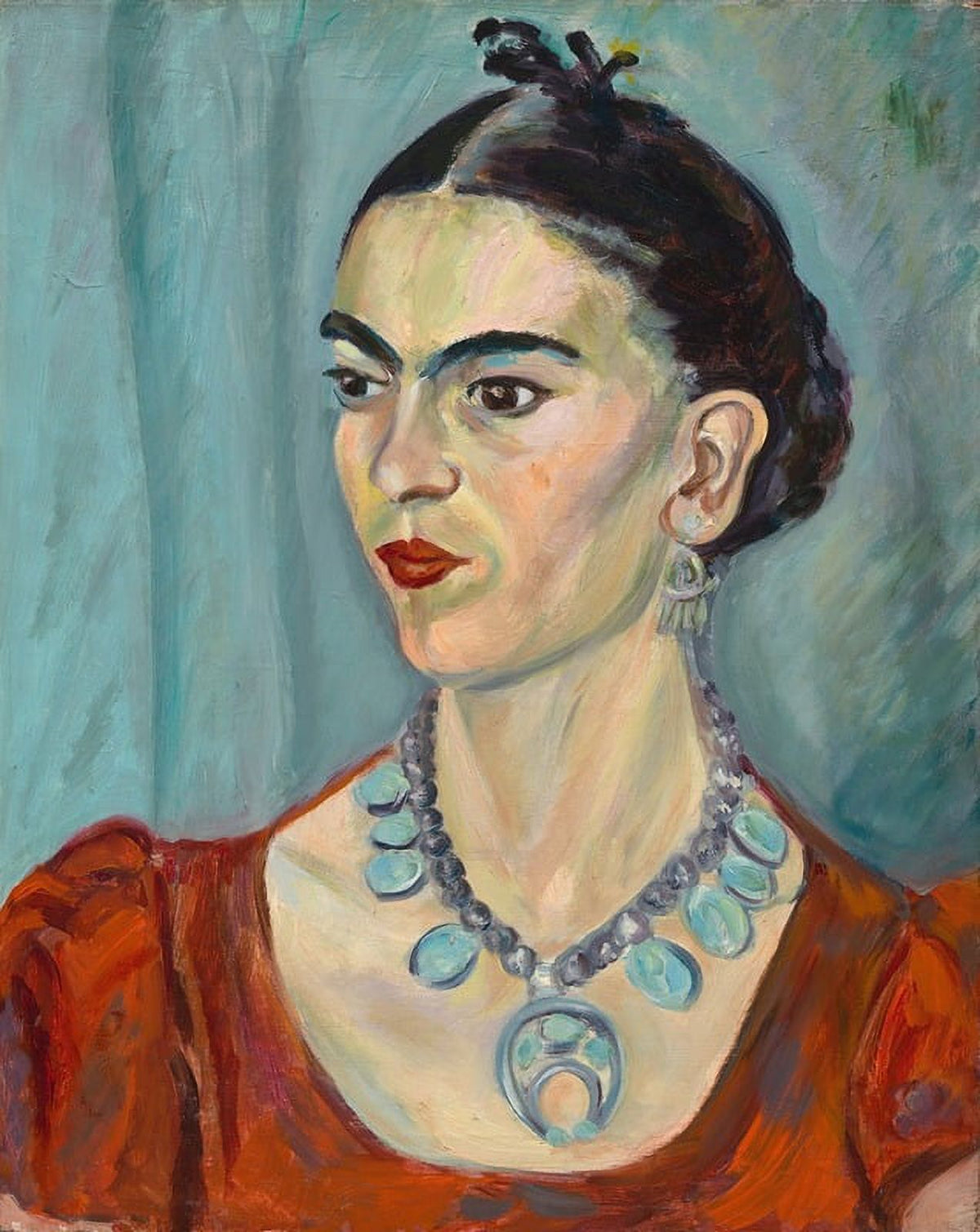 Frida Kahlo 1933 art poster print by Magda Pach, vibrant colors and intricate details.
