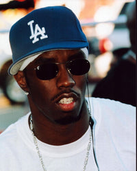 Diddy photo print in white shirt and blue LA hat, perfect for hip-hop art lovers.