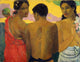 Three Tahitians Art Print by Paul Gauguin showcasing vibrant colors and Polynesian culture.