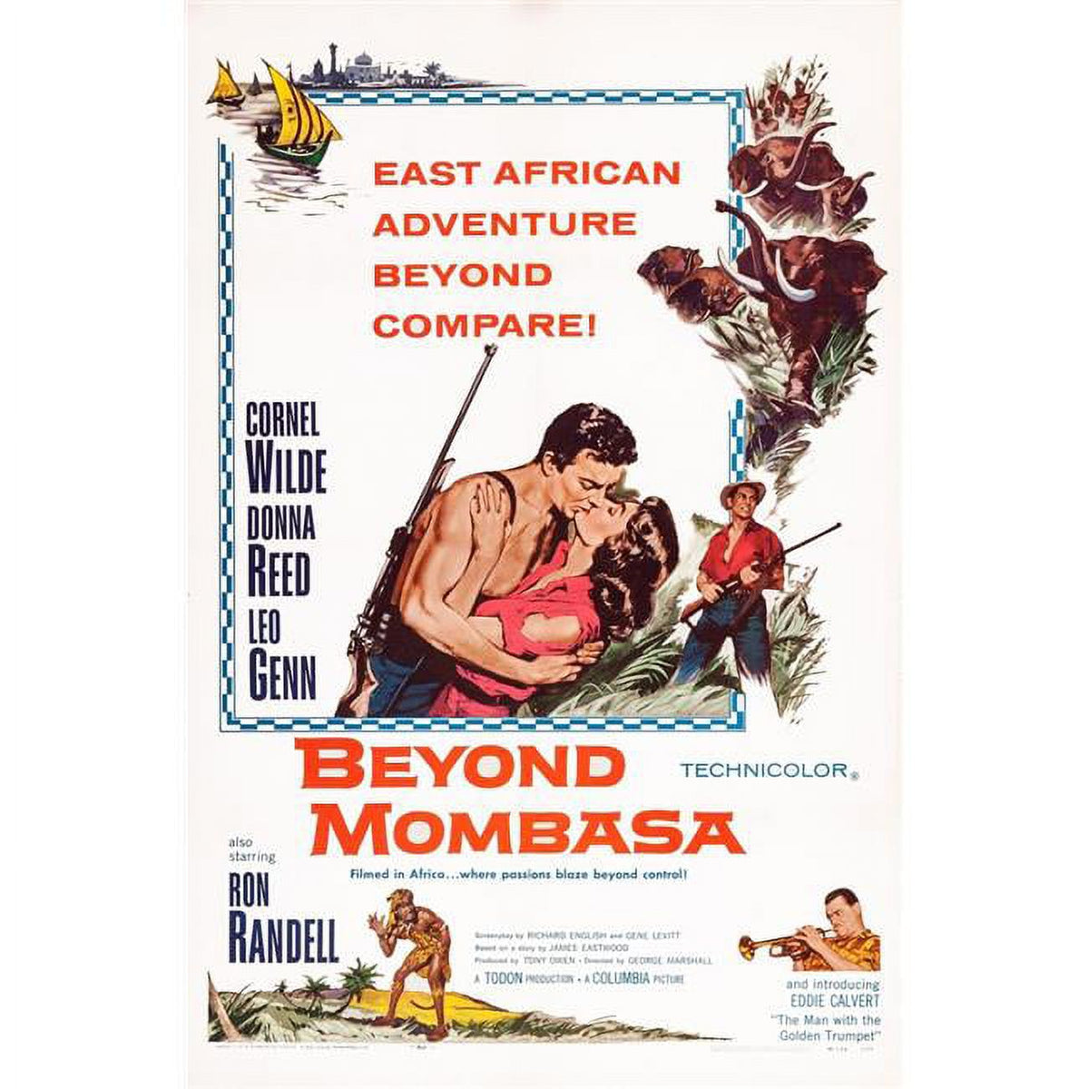 Beyond Mombasa movie masterprint poster featuring Cornel Wilde, Donna Reed, and Ron Randell, 11x17 size.