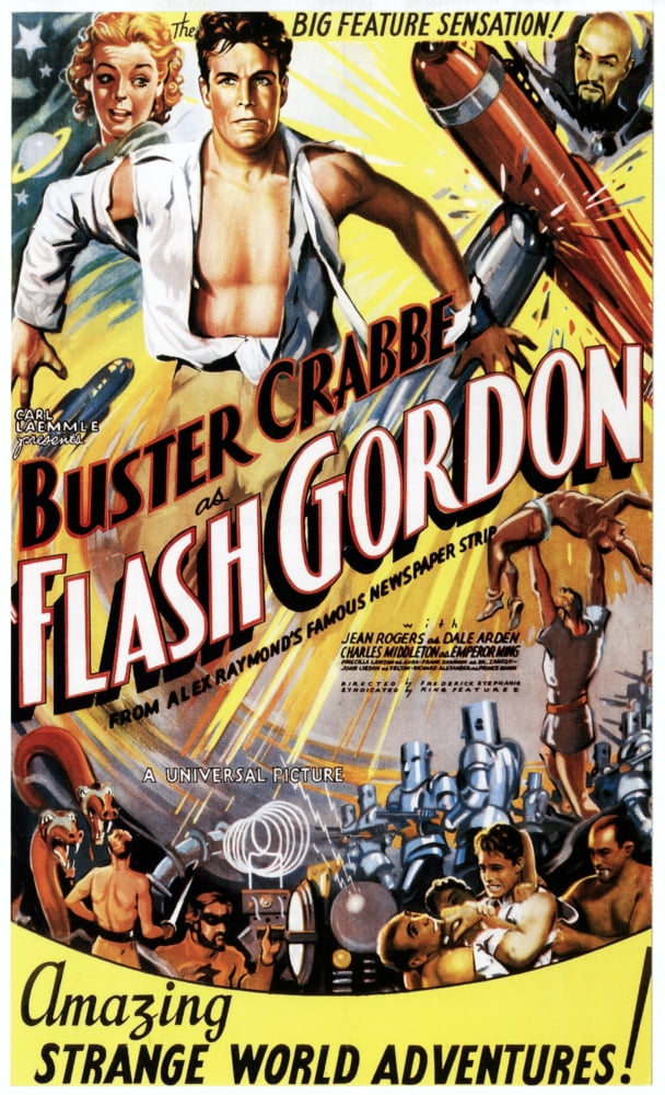 Flash Gordon Movie Masterprint Poster featuring Jean Rogers, Larry 'Buster' Crabbe, and Charles Middleton from the 1936 film.
