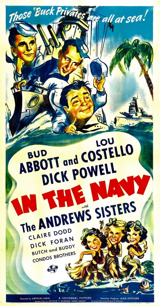 In The Navy movie poster featuring Dick Powell, Bud Abbott, Lou Costello, and The Andrews Sisters from 1941