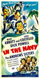 In The Navy movie poster featuring Dick Powell, Bud Abbott, Lou Costello, and The Andrews Sisters from 1941