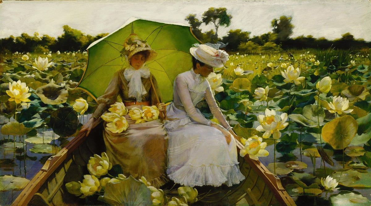Lotus Lilies art print by Charles Courtney Curran, featuring serene lotus flowers.