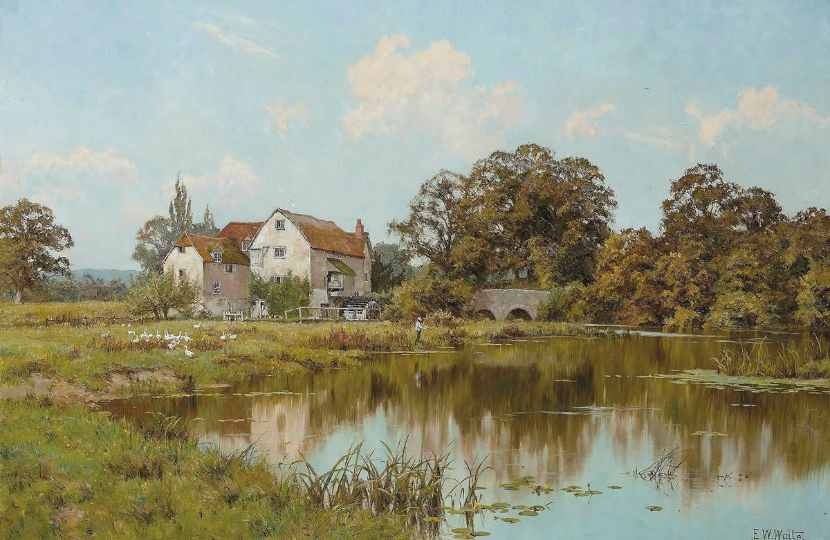 The Old Watermill art print by Edward Wilkins Waite showcasing a serene watermill surrounded by nature.