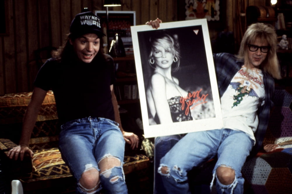 Wayne's World movie poster print featuring Mike Myers, Dana Carvey, and Claudia Schiffer, 1992.
