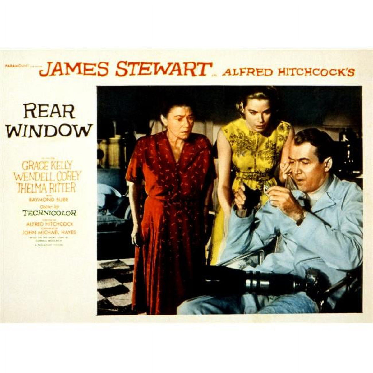 Rear Window movie poster featuring Thelma Ritter, Grace Kelly, and James Stewart