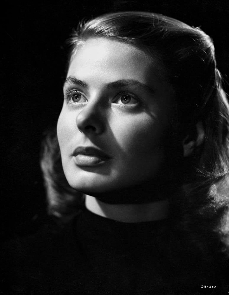 Close-up photo print of Ingrid Bergman looking up, iconic portrait.