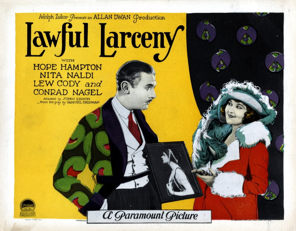 Lawful Larceny movie poster featuring Lew Cody and Nita Naldi from 1923