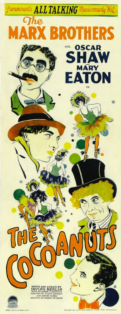 The Cocoanuts movie poster featuring Marx Brothers Groucho, Chico, Harpo, and Zeppo from 1929.