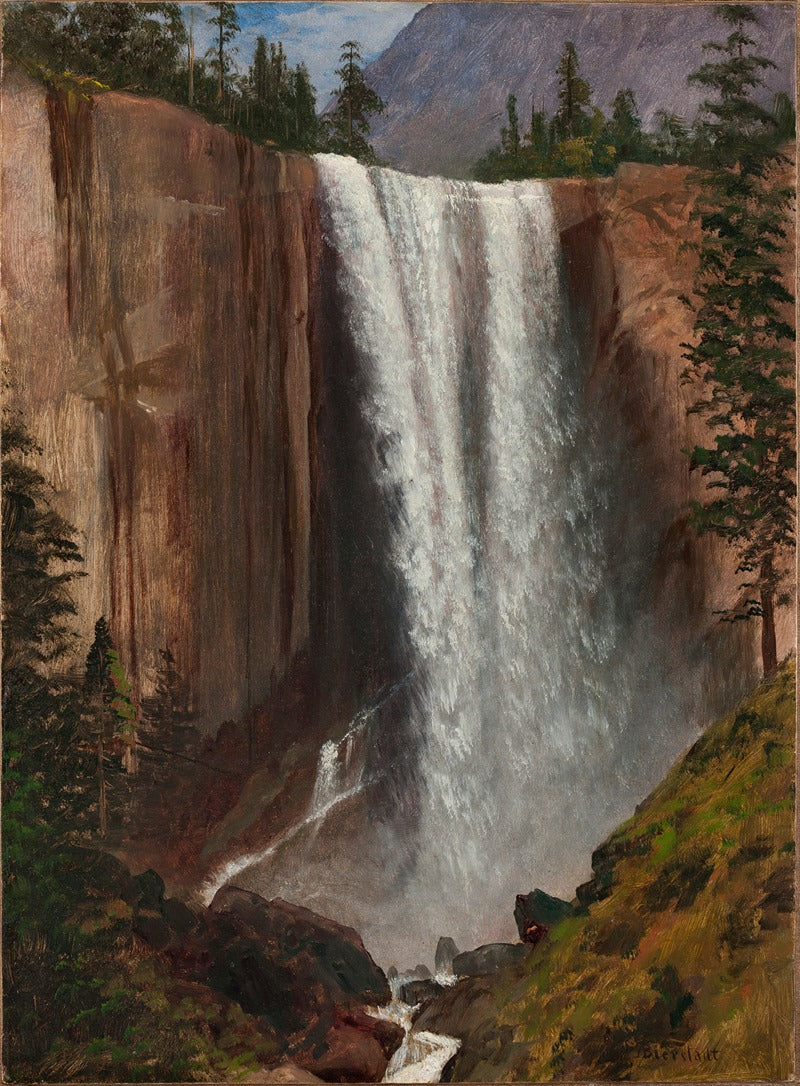 Vernal Fall Art Print by Albert Bierstadt showcasing a beautiful waterfall scene.