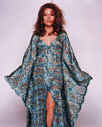 Diana Riggs photo print in blue pattern dress, available in multiple sizes.