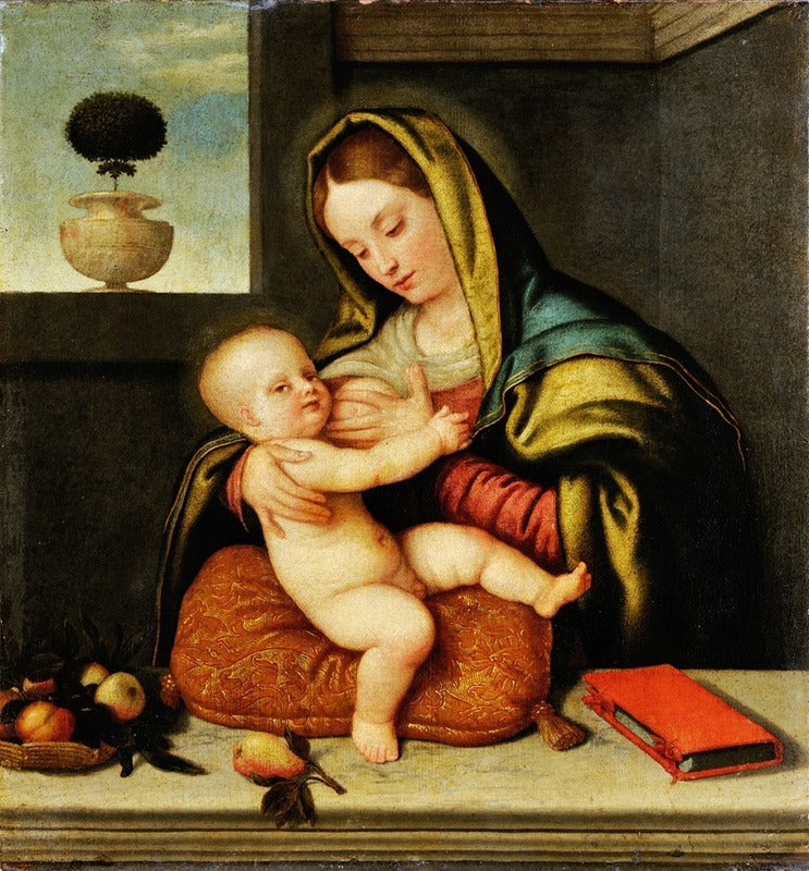 Art print of The Virgin Nursing The Child by Giovanni Battista Moroni featuring a mother and child.