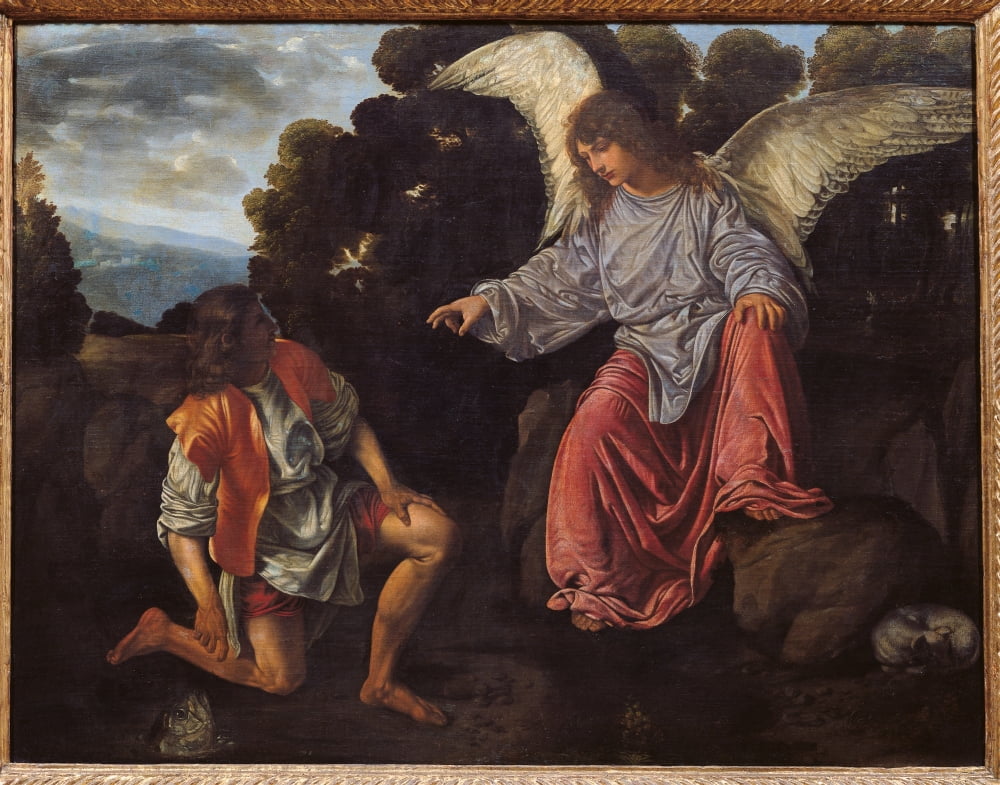Archangel Raphael poster print featuring Tobias and the Angel, vibrant artwork.