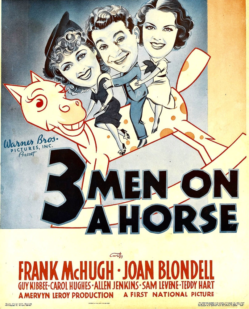 Three Men On A Horse movie poster featuring Joan Blondell, Frank McHugh, and Carol Hughes.
