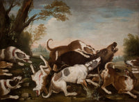 Hunting Scene poster print featuring dogs attacking a wild boar by Joseph Anton Harzath.