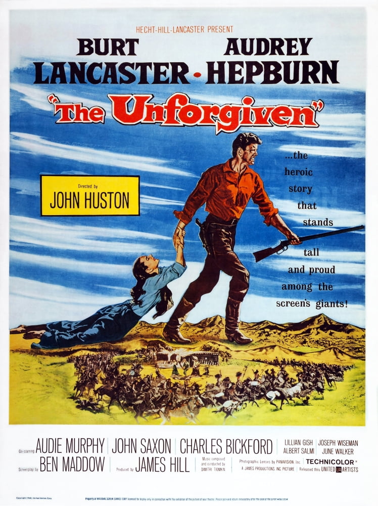 The Unforgiven movie poster featuring Audrey Hepburn and Burt Lancaster