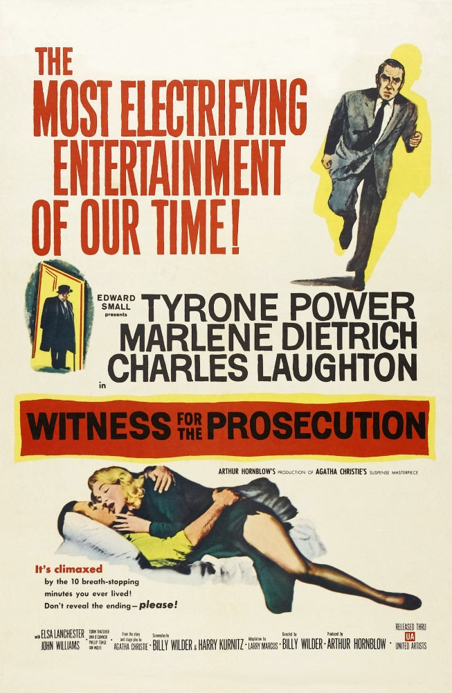 Witness for the Prosecution movie poster print featuring Charles Laughton, Marlene Dietrich, and Tyrone Power.
