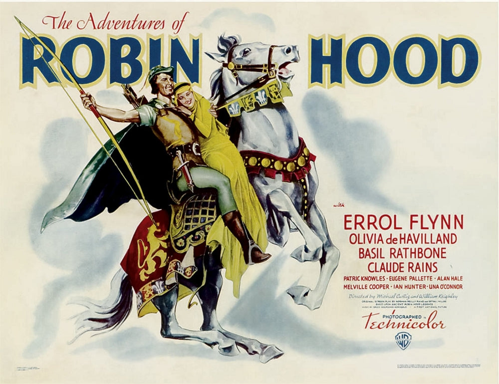 The Adventures of Robin Hood movie poster featuring Errol Flynn and Olivia Dehavilland.