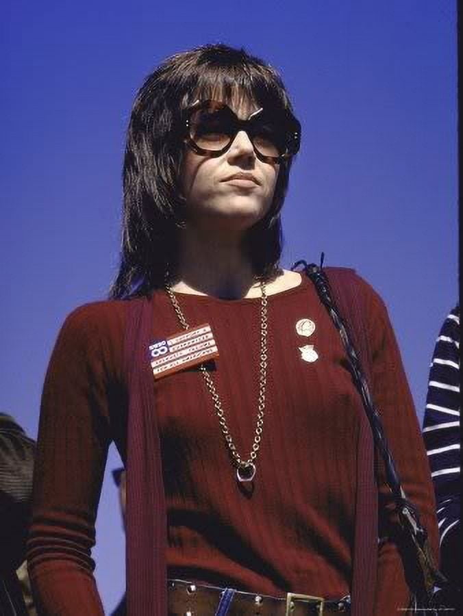 Jane Fonda American Flag Pin Photo Print showcasing her iconic style.