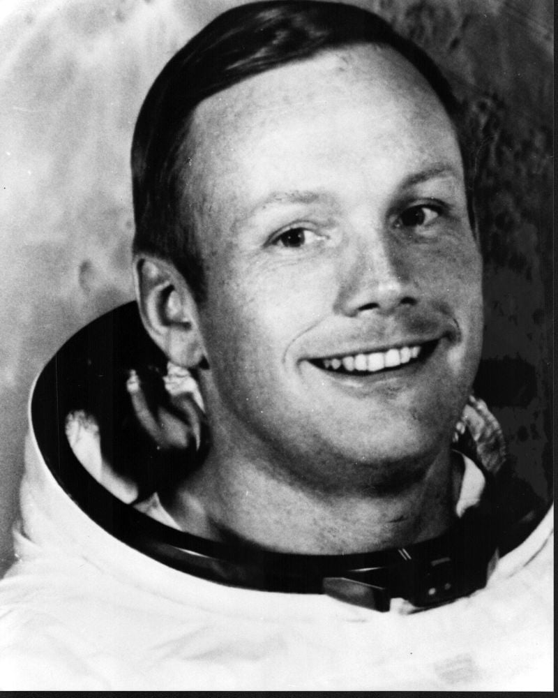 Neil Armstrong black and white photo print in space suit.