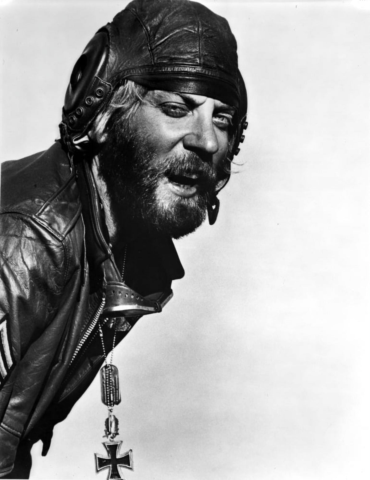 Donald Sutherland wearing a leather helmet photo print.