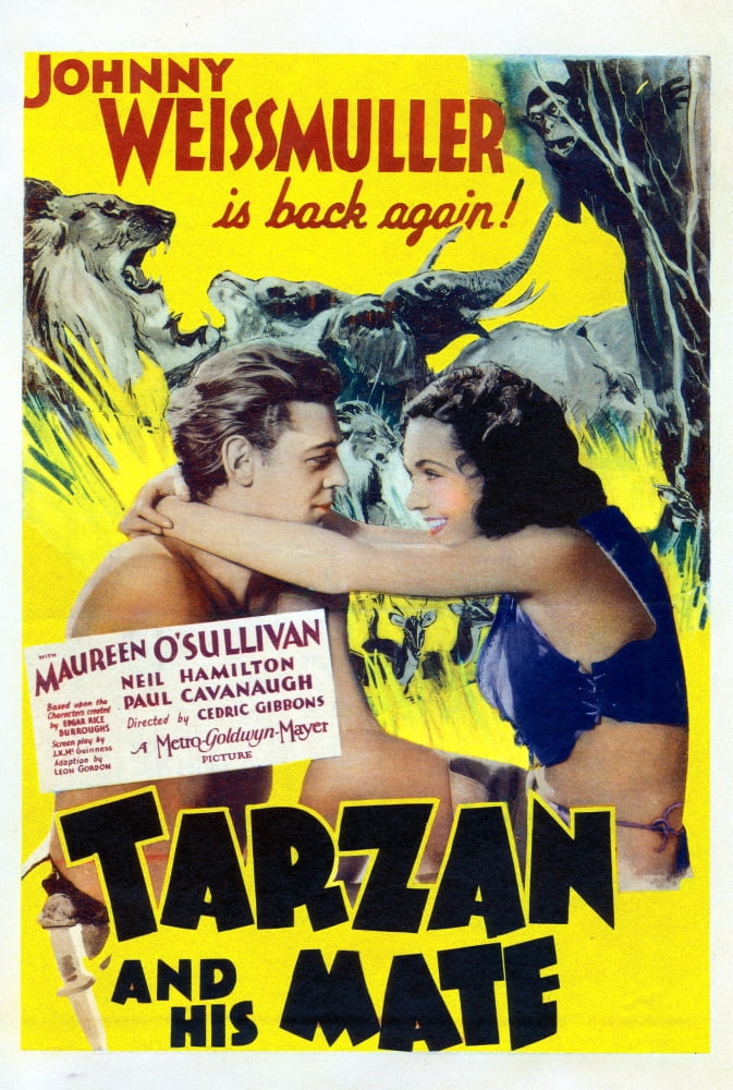 Tarzan and His Mate movie poster art print featuring Johnny Weissmuller and Maureen O'Sullivan, 1934 film.