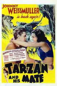 Tarzan and His Mate movie poster art print featuring Johnny Weissmuller and Maureen O'Sullivan, 1934 film.