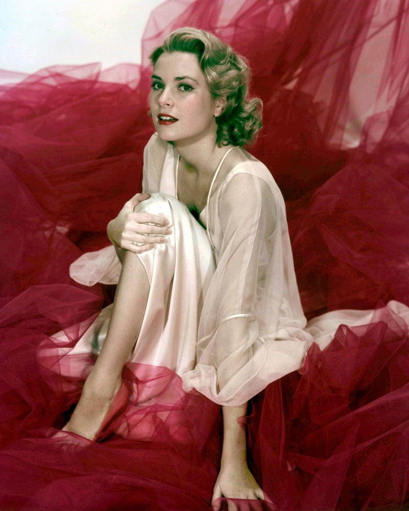 Grace Kelly Sitting with Knee Up Photo Print on Sheer Red Fabric