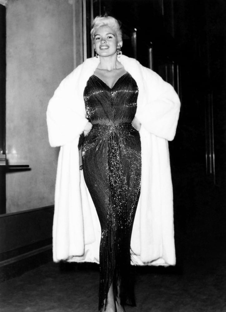 Vintage photo print of Jayne Mansfield at Le Roy Nightclub in Milan, October 1957.