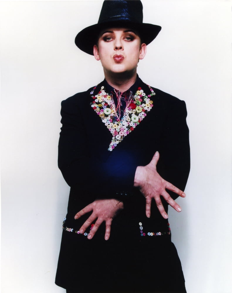 Boy George portrait photo print showcasing a printed collar coat.