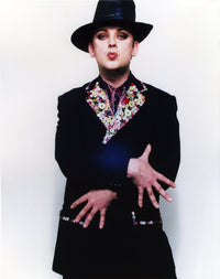 Boy George portrait photo print showcasing a printed collar coat.