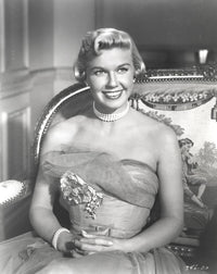 Doris Day seated in classic gown photo print.