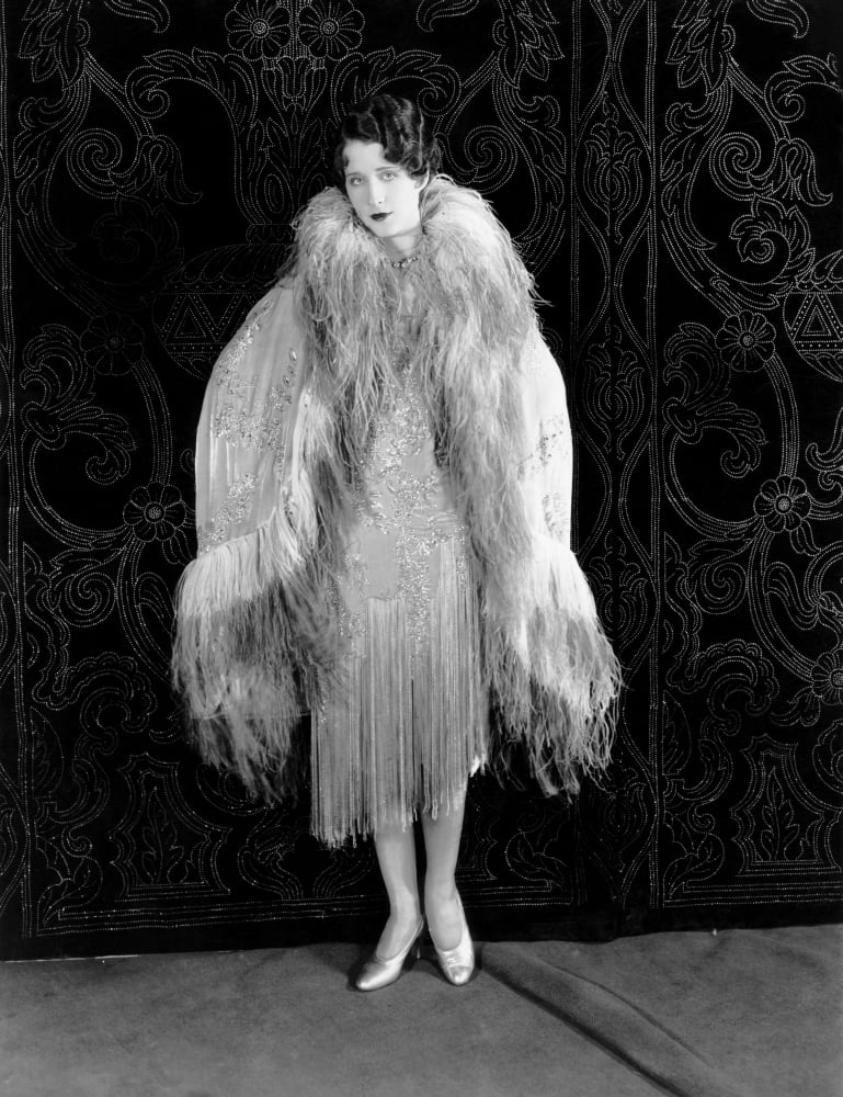 Norma Shearer 1927 photo print in evening wrap embellished with crystals and ostrich feathers.