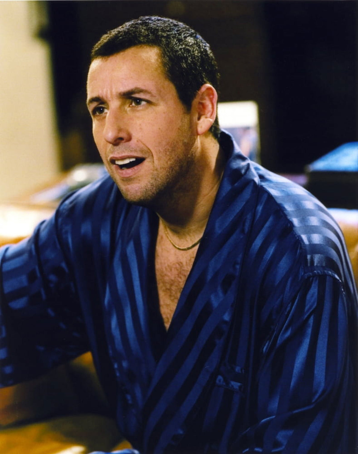 Adam Sandler in black and blue striped robe photo print