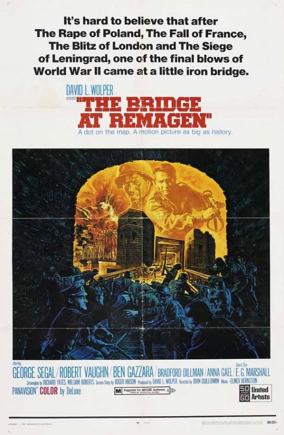 The Bridge at Remagen movie poster in 11x17 size, showcasing classic WWII imagery.