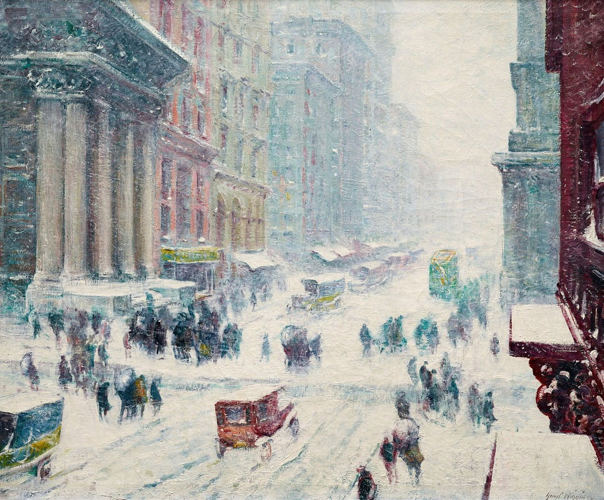 Fifth Avenue in Winter poster print by Guy Carleton Wiggins, city winter scene artwork.