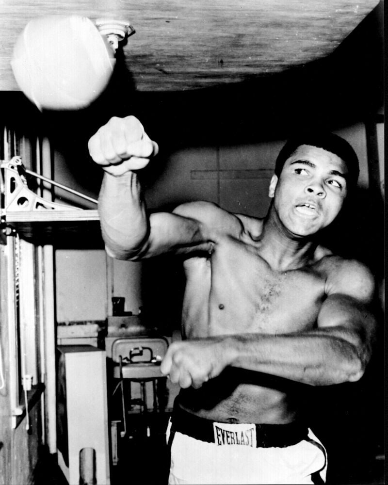 Muhammad Ali hitting speed bag black and white photo print