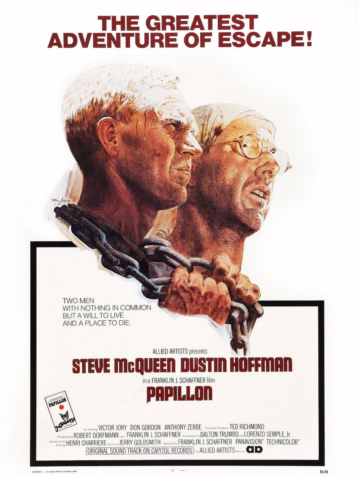Papillon movie poster print featuring Steve McQueen and Dustin Hoffman.